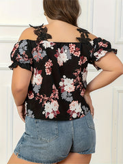 Women's Cold Shoulder Blouse Feather Print Lace Strap
