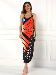 Butterfly Print Surplice V Neck Cover Up High Strech Sleeveless Beach Cover Dres