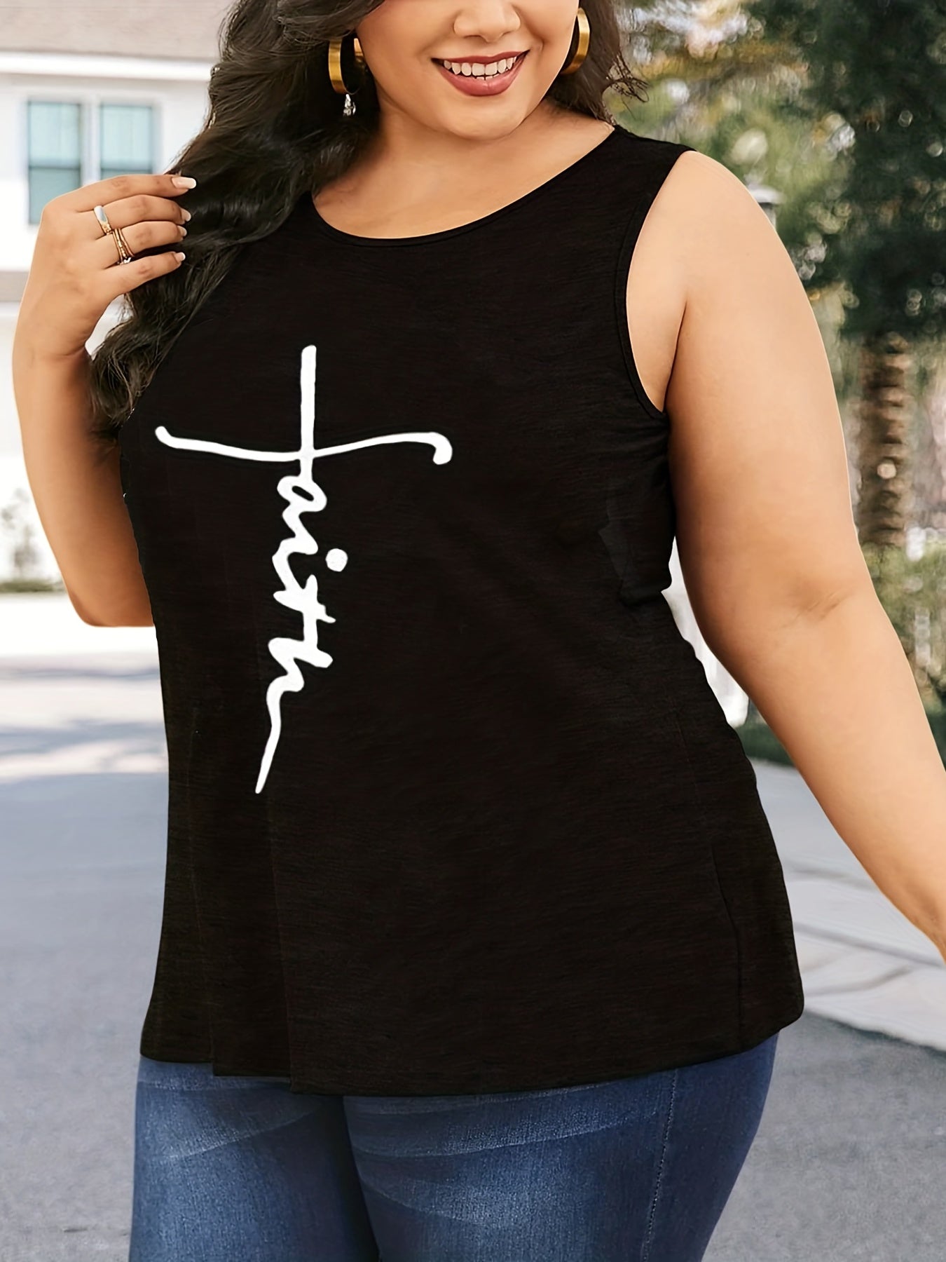 Women's Plus Size Casual Tank Top Letter Print Round Neck Medium Stretch