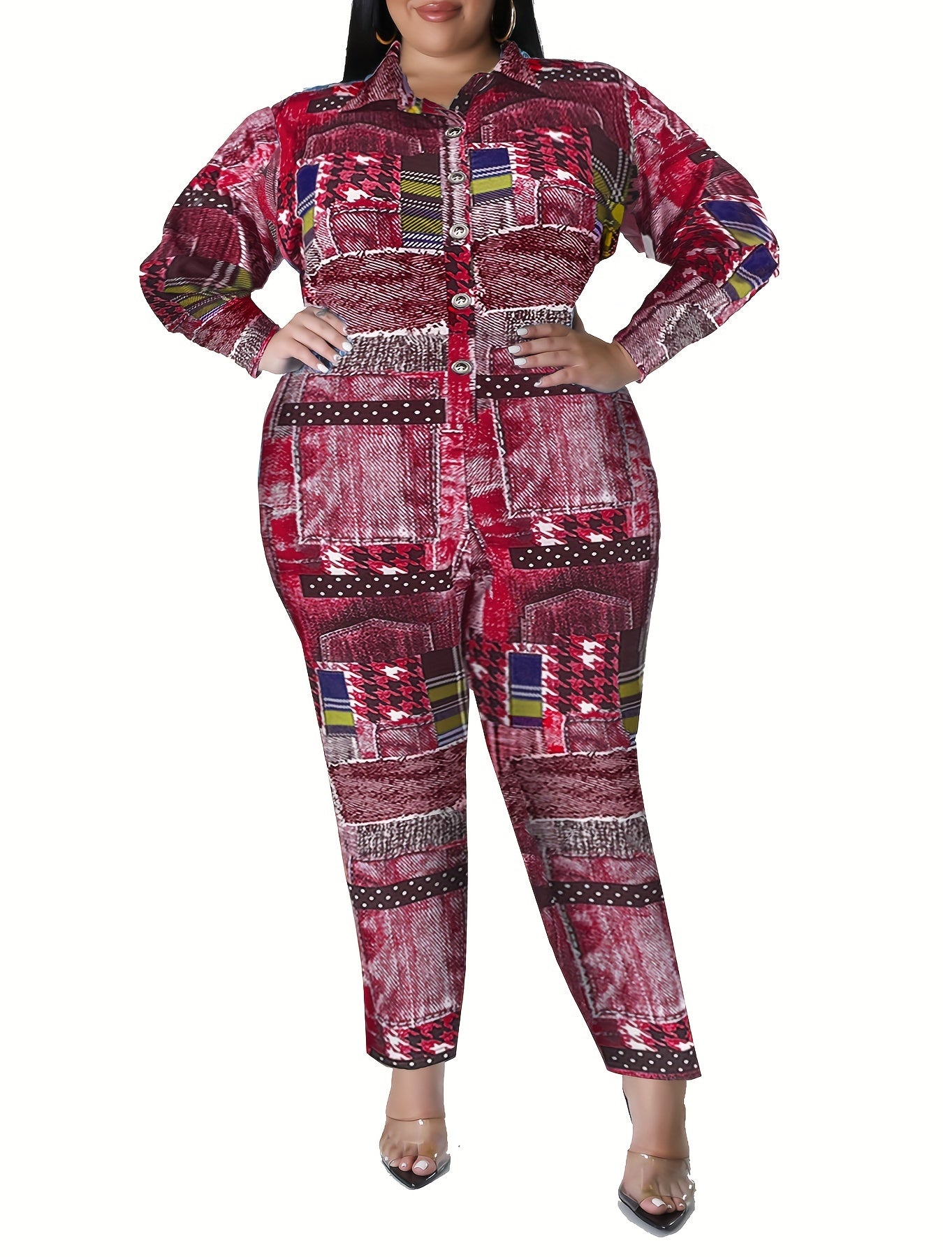 Sexy Jumpsuit Women's Plus Patchwork Print Button Up Long Sleeve