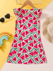 Girls Watermelon Graphic Dress Ruffled Sleeves Crew Neck Kids Summer Clothes
