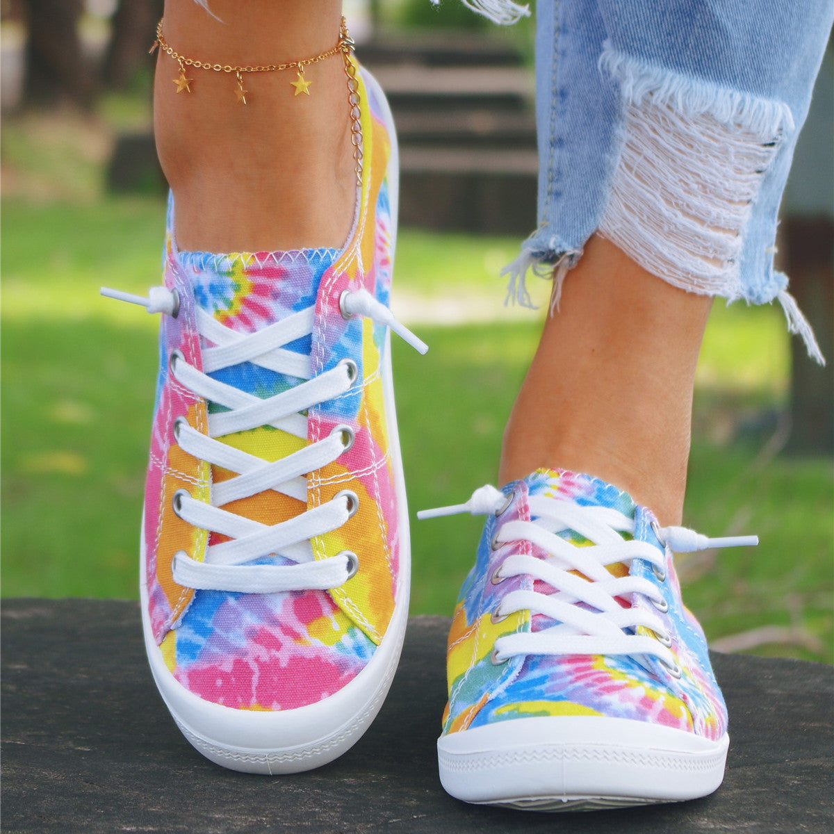 Women's Tie Dye Canvas Sneakers Comfort Lace-Up Casual Low Top Shoes