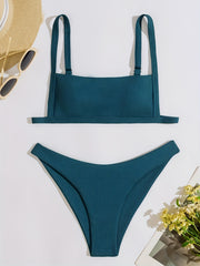 Rib Knit Bikini Set Back Buckle Backless High Cut Two Piece Swimsuit