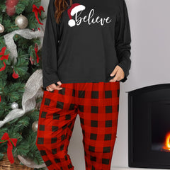 Christmas Lounge Set: Women's Plus Hat Tee & Plaid Pants Pajamas