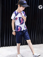 Boys Contrast Cotton Top & Casual Shorts Set Spring Summer Kids Clothes
