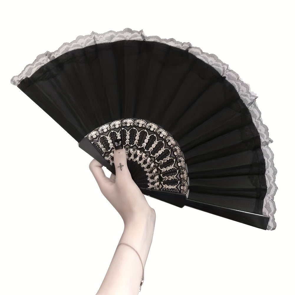 Retro Lace Trim Ladies Folding Fan Dance Performance Props Cheongsam Decoration
