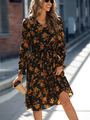 Retro V Neck Ruffle Dress Print Long Sleeve Loose Summer Dresses