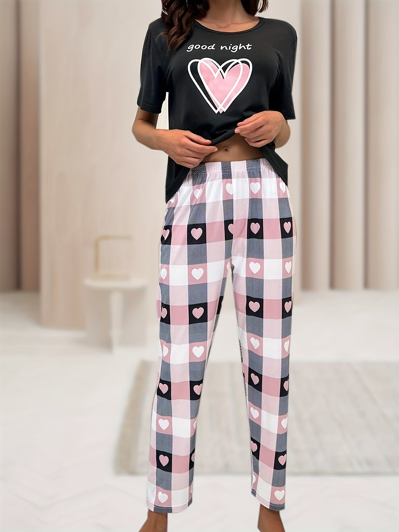 Heart & Letter Graphic Tee & Plaid Print Pants Pajama Set