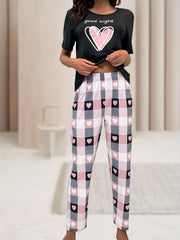 Heart & Letter Graphic Tee & Plaid Print Pants Pajama Set