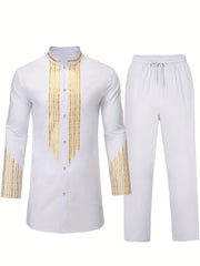 Solid Cotton Men's African 2 Pcs Set Dashiki & Pants Outfit