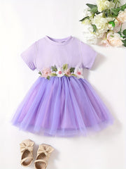 Baby Girls Mesh Splicing Dress Ribbed Short Sleeves Crew Neck Flowers Embroidere