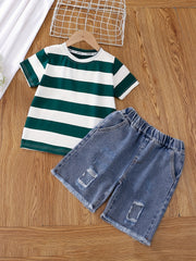 2pcs Boys Block Striped Tee & Short Jeans Set Summer Kids Outfits