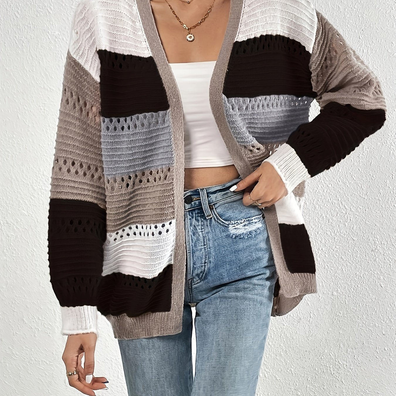 Cut Out Block Knit Cardigan Long Sleeve Sweater
