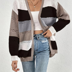 Cut Out Block Knit Cardigan Long Sleeve Sweater