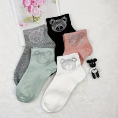 5 Pairs Bear Pattern Crew Short Socks Women's Stockings & Hosiery