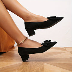 Bowknot Chunky Heels Pointed Toe Suede Low Heels Dress Shoes