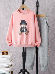 Girl's Cartoon Bear Sweatshirt & Sweatpants Set for Spring Fall
