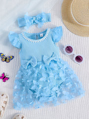 2pcs Baby Girls Butterfly Bowknot Onesie Dress & Headband Set