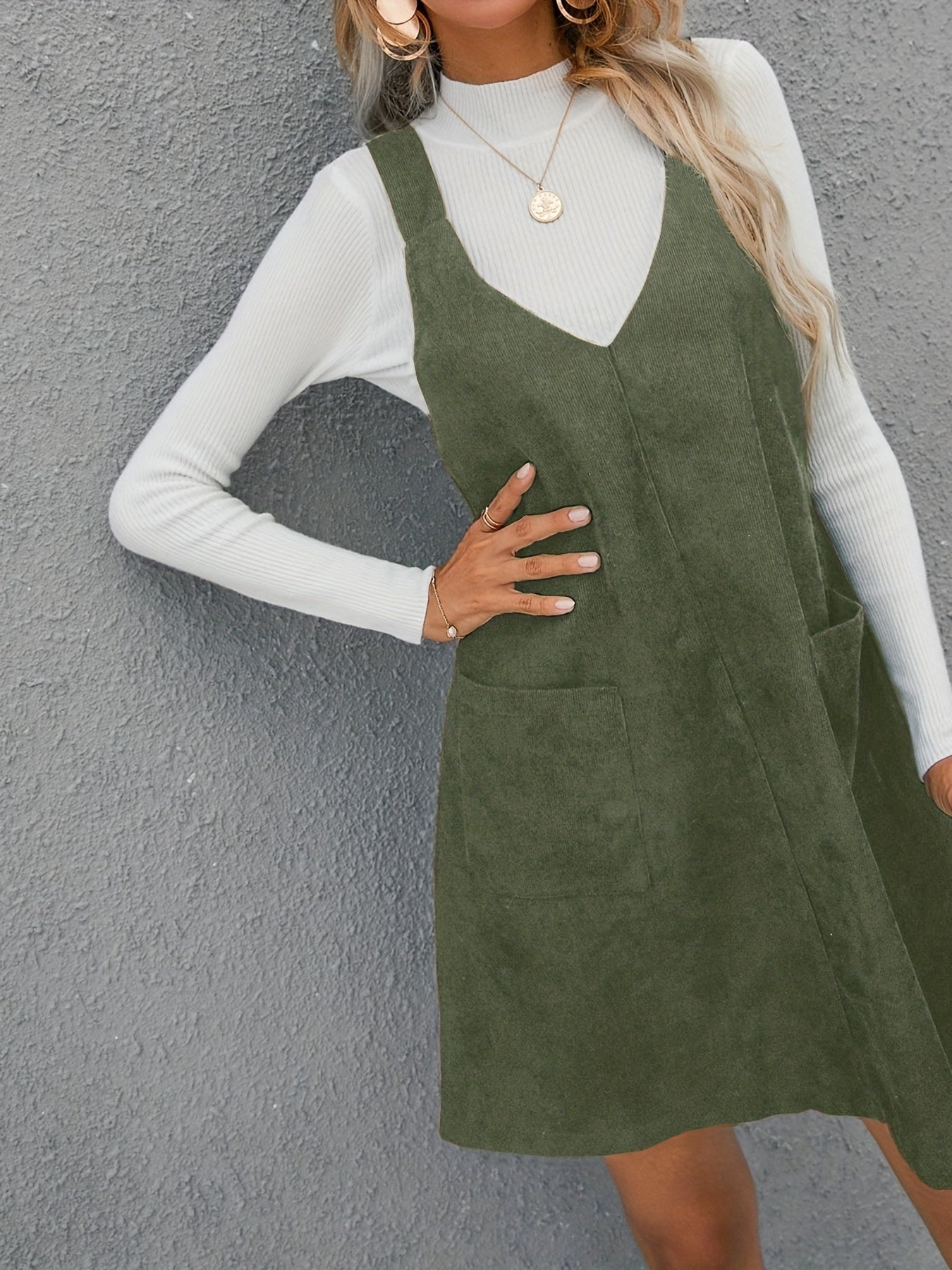 Casual V Neck Sleeveless Pocket Front Dress Women's Clothing