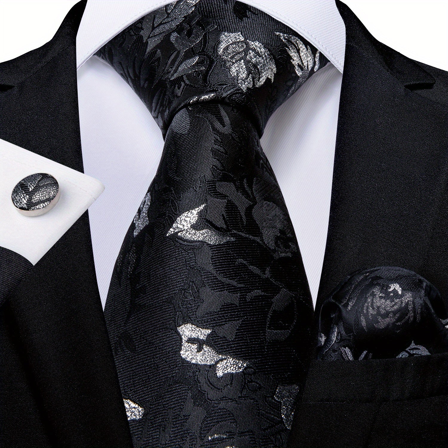 Retro Flowers Pattern Tie Set Classic Flower Necktie Hanky Cufflinks