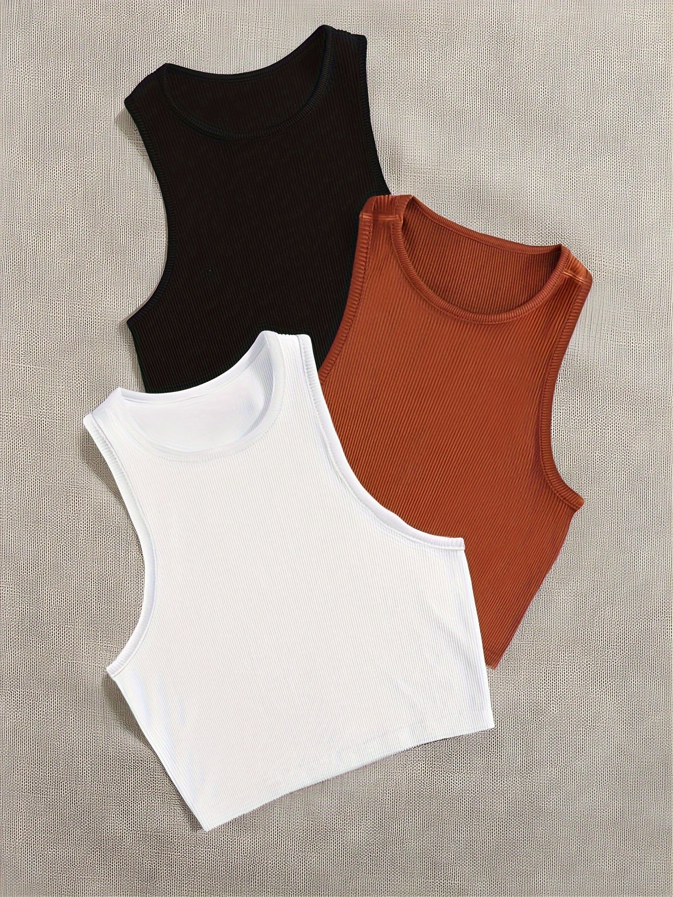 Solid Ribbed Sports Tank Top Round Neck Sleeveless Top