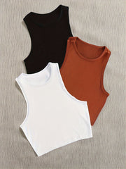 Solid Ribbed Sports Tank Top Round Neck Sleeveless Top