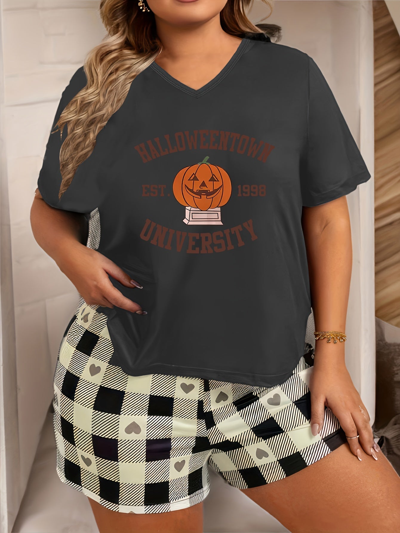 Halloween Lounge Top Women's Plus Funny Pumpkin V Neck Pajama Top
