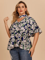 Floral Print Halter Neck Short Sleeve Blouse Plus Size