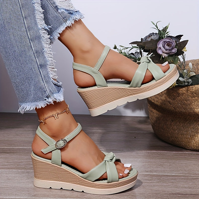 Women's Twist Knot Platform Wedge Sandals Open Toe Non Slip Ankle Buckle Heels