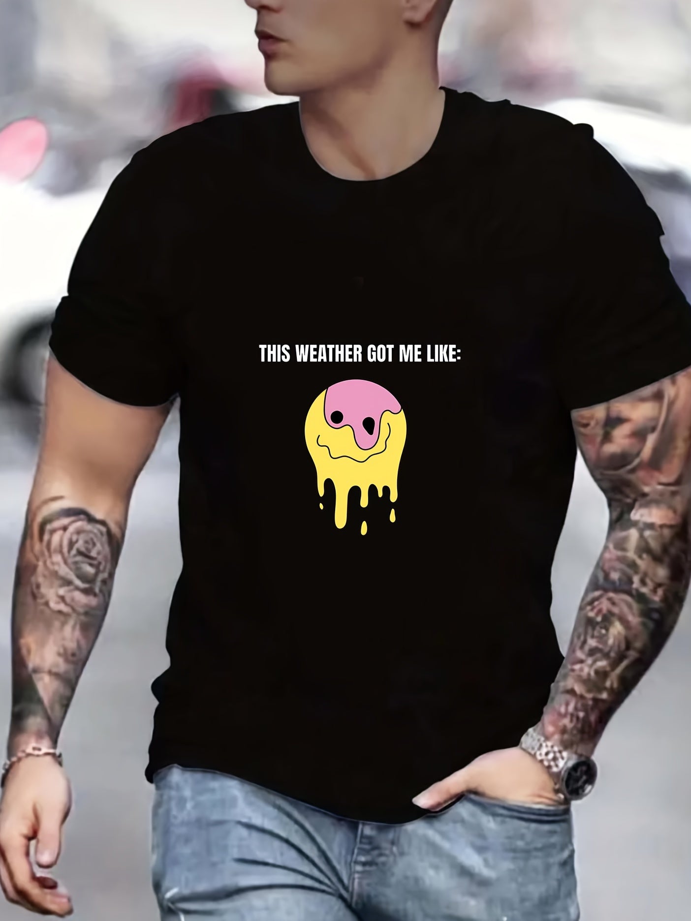 Smile Face Print Men's Graphic Crew Neck Active T Shirt