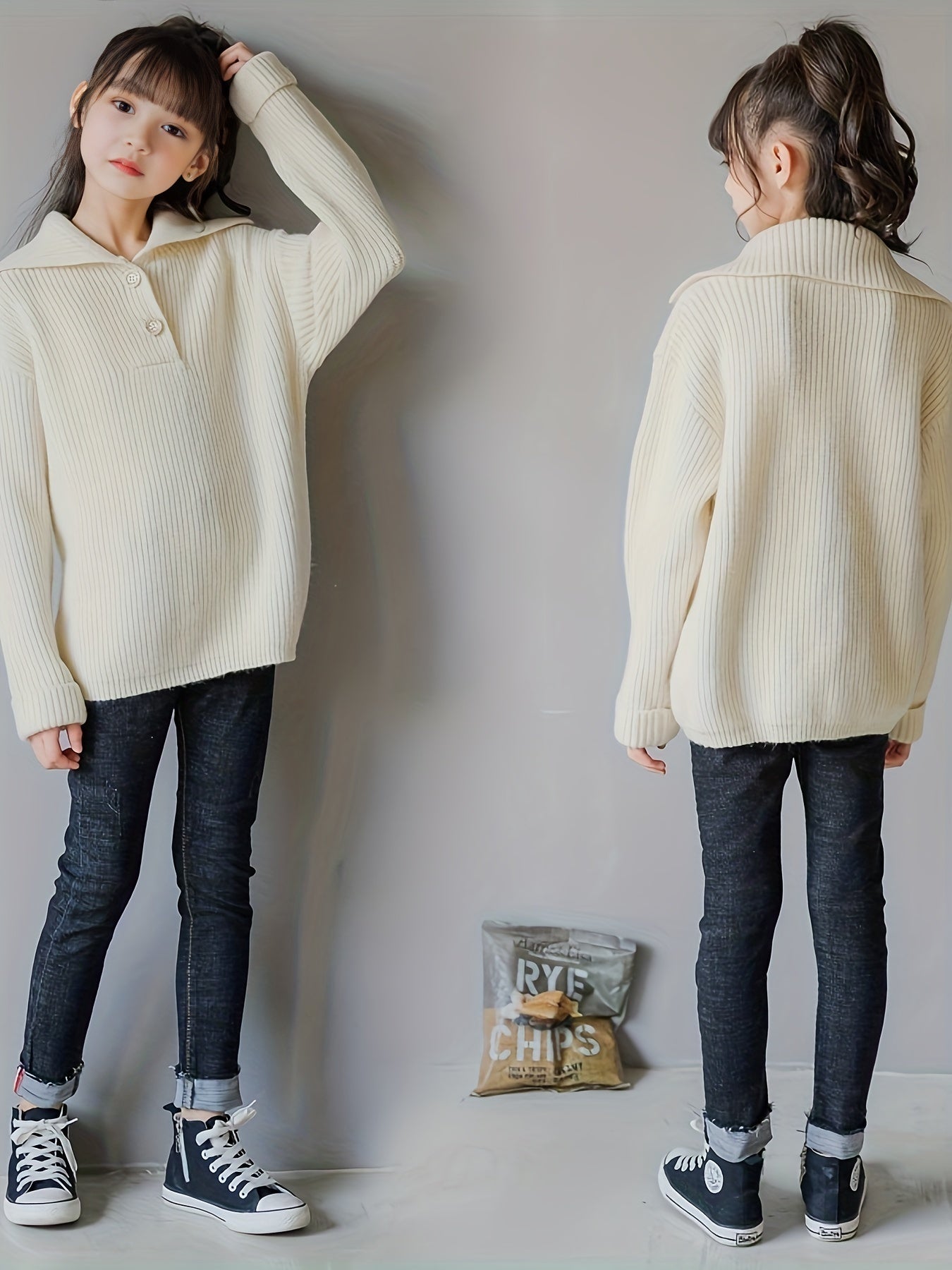 Girls Ribbed Knit Long Sleeve Collar Tops Casual Knitwear Kids Clothes