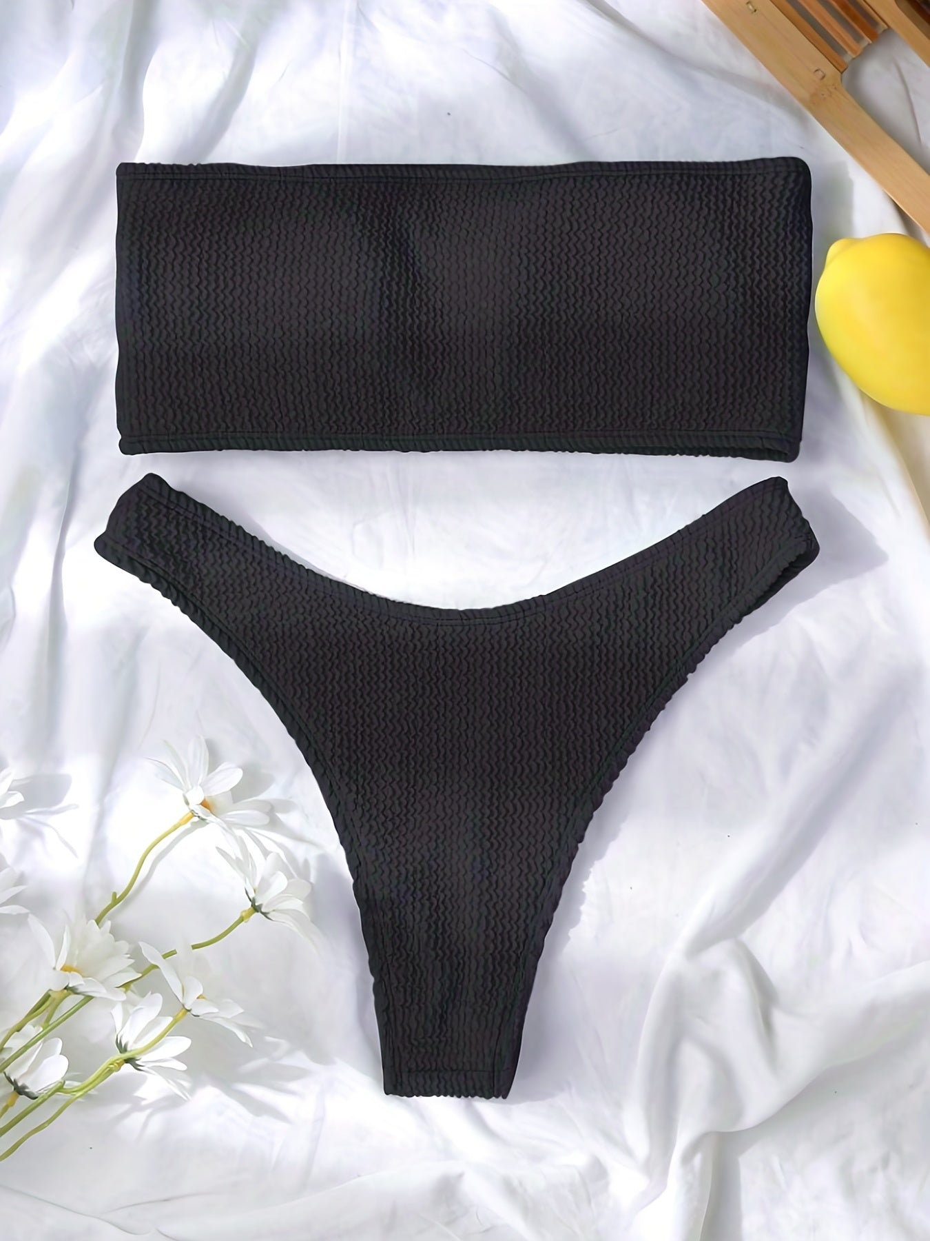 Ruched Bandeau 2 Piece Set Bikini High Stretch Solid Swimsuit