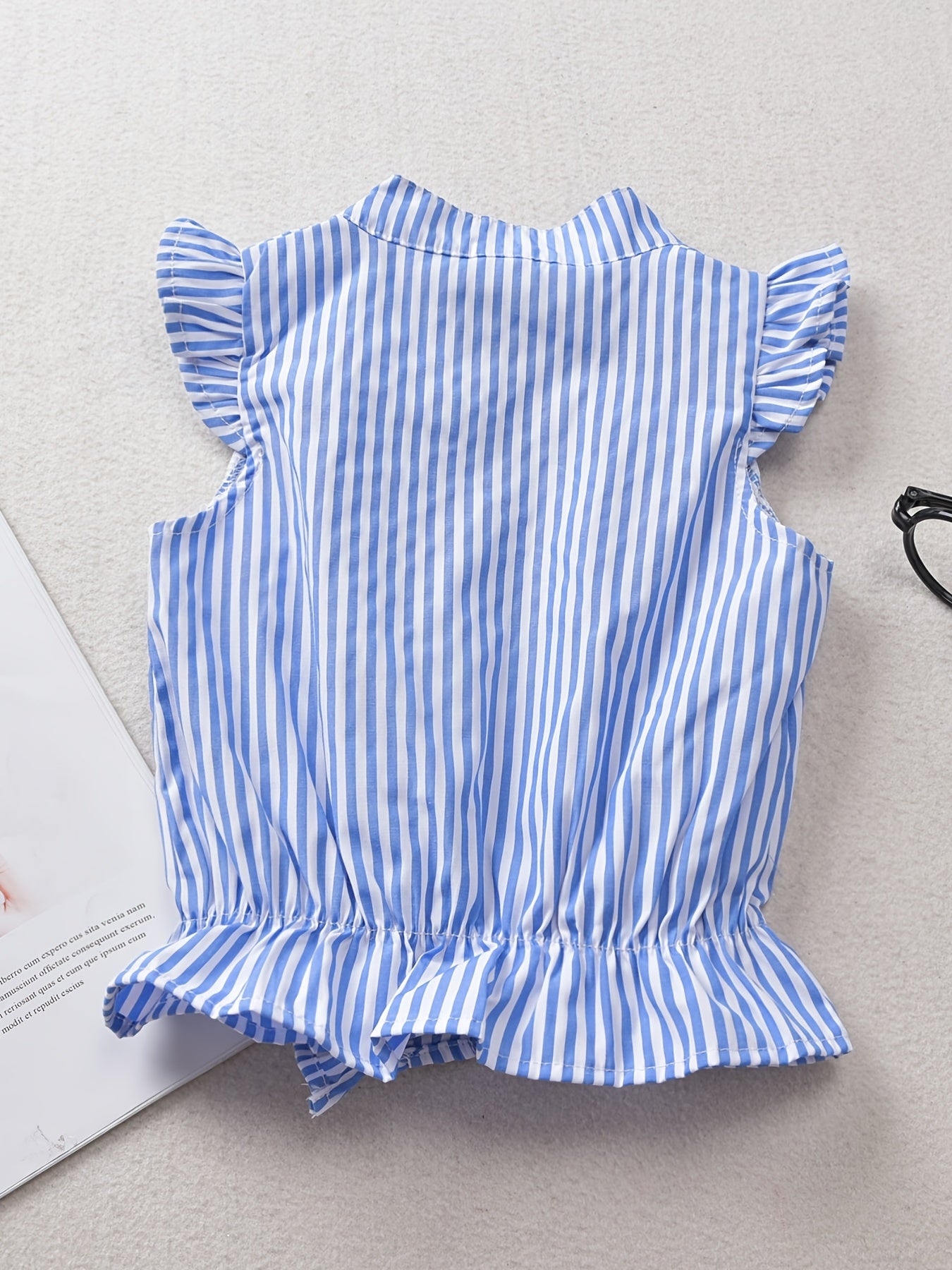 Girls Striped Pearl Button Ruffled Sleeves Lace Trim Shirt Tops