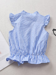 Girls Striped Pearl Button Ruffled Sleeves Lace Trim Shirt Tops