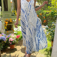 Tie Dye V Neck Spaghetti Dress Cross Backless Cami Dress