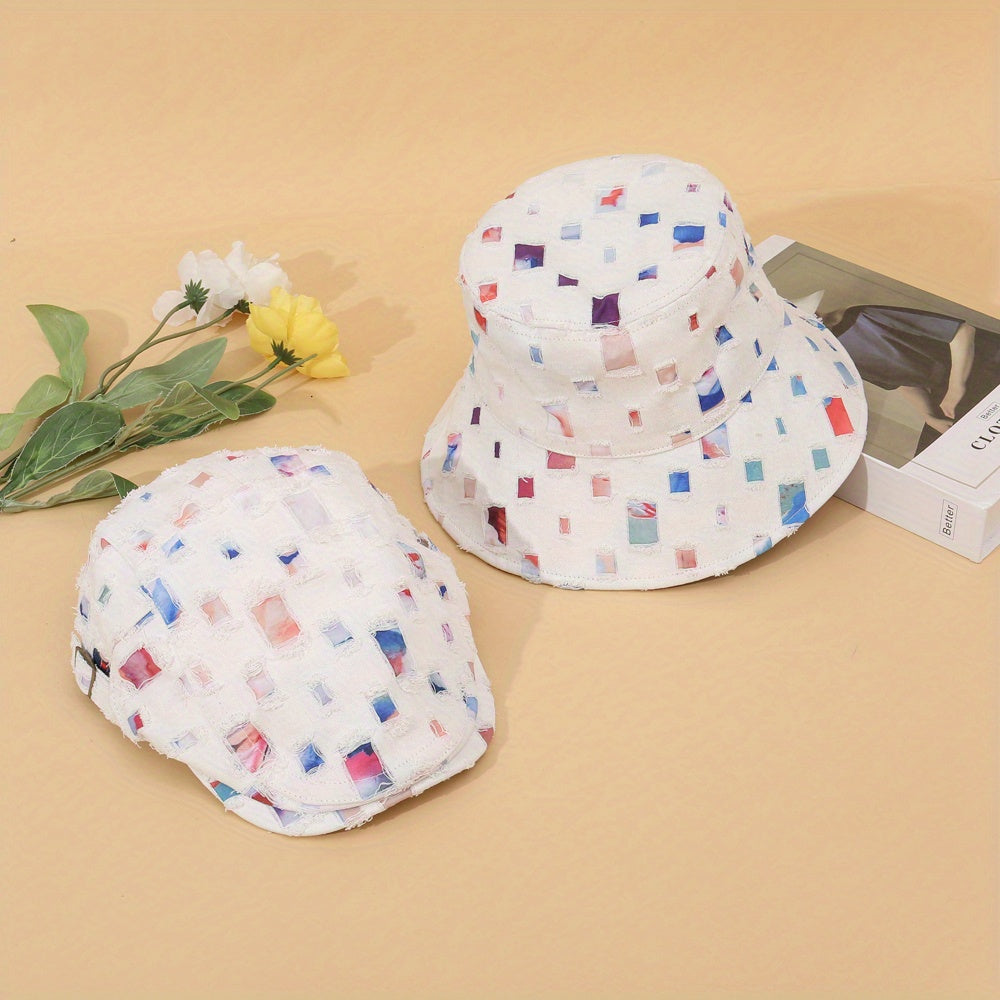 2pcs Plaid Distressed Bucket Hat & Newsboy Cap, Casual Adjustable Basin Hats