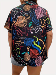 Casual Blouse Women's Plus Turn Down Leaf Print Short Sleeve