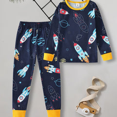 Boys 2pcs Lounge Wear Rocket Print Top & Trousers Pajamas Set