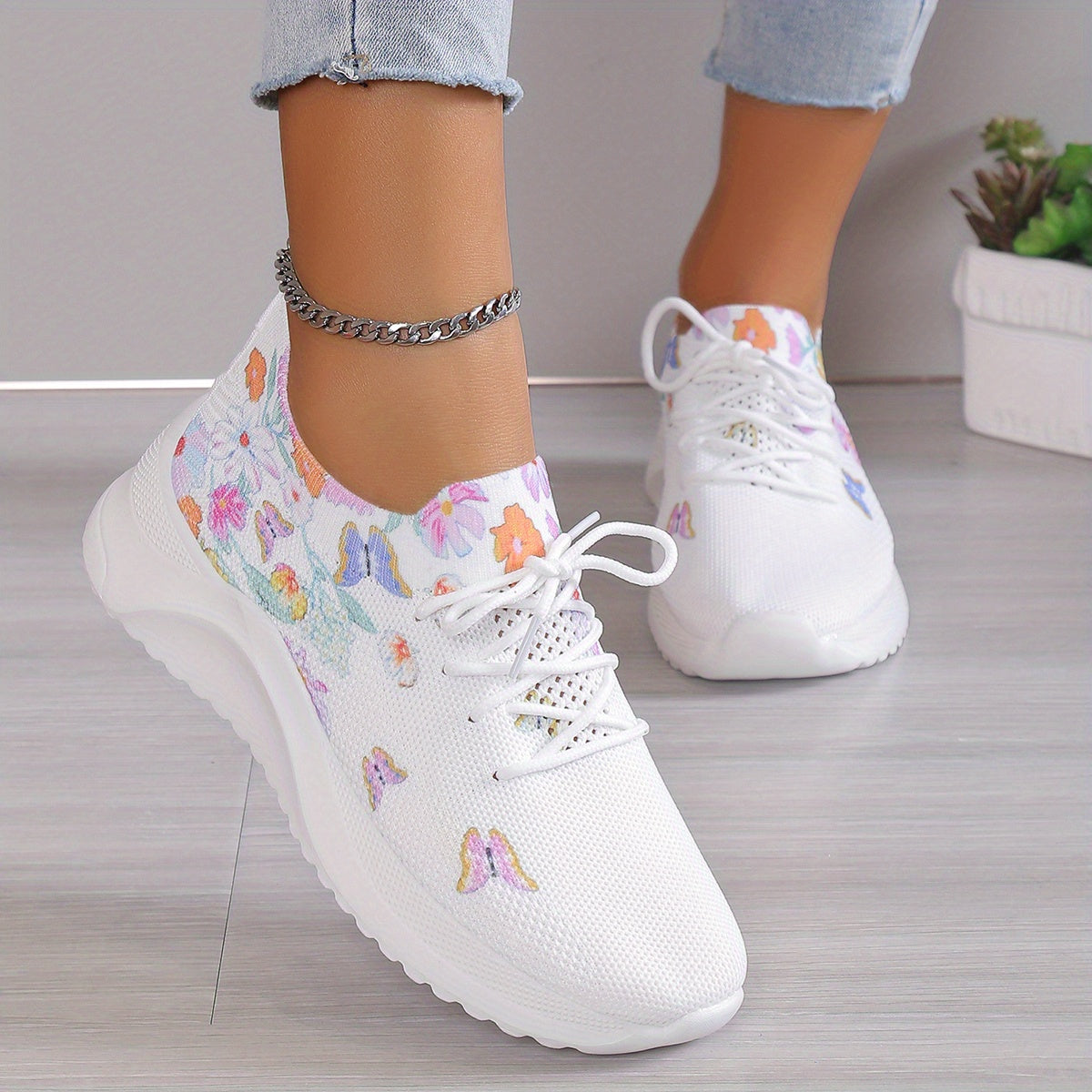 Butterfly Pattern Breathable Walking Shoes Soft Sole Non Slip Sneakers