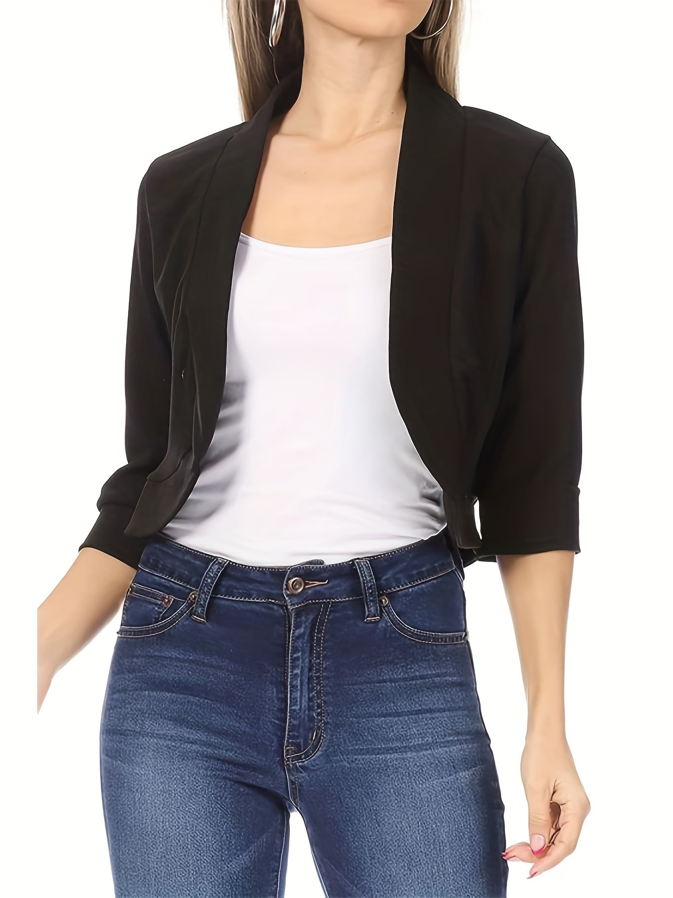 Solid Cropped Blazer Open Front 3/4 Sleeve Work Office Outerwear