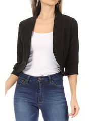 Solid Cropped Blazer Open Front 3/4 Sleeve Work Office Outerwear