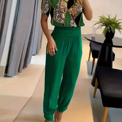 Leopard Colorblock Two piece Set V Neck T shirt & Pleated Pants