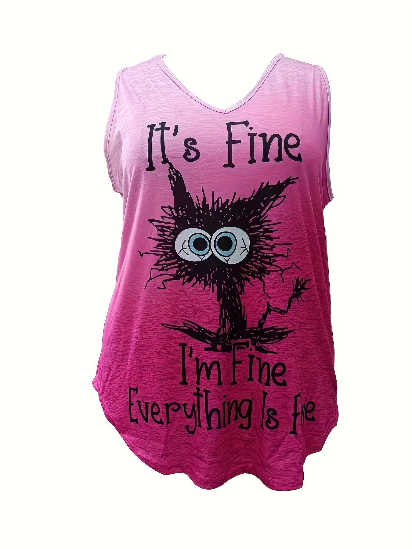 Casual Tank Top Women's Plus Slogan & Ombre & Cat Print V Neck Tank