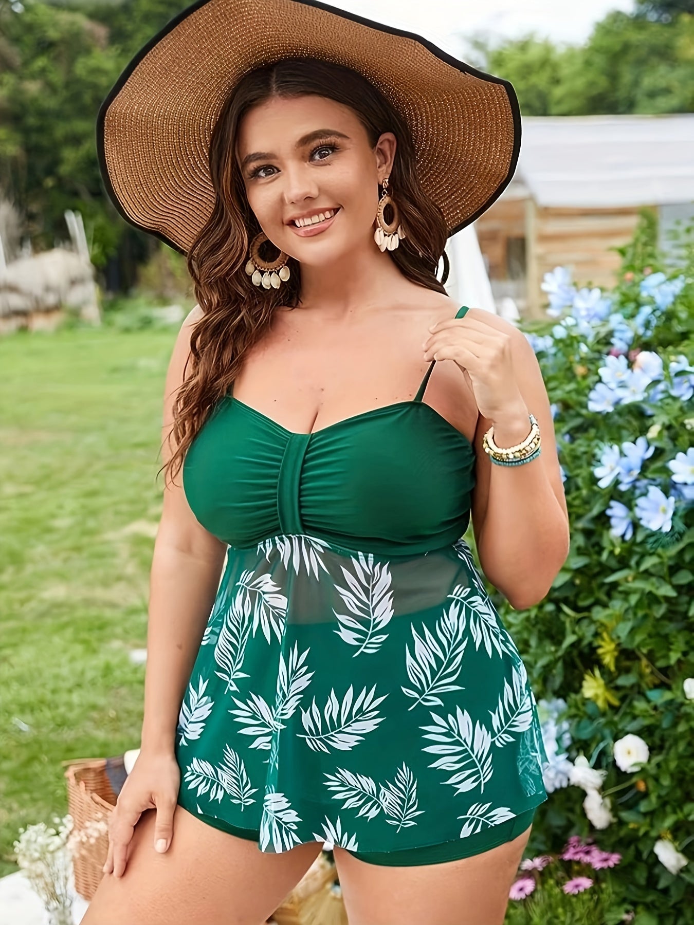 Vacay Tankini Set Tropical Print Mesh V Neck Top & Shorts
