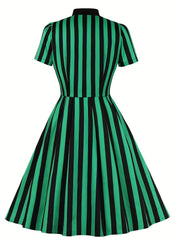 Stripe Print Button Up Short Sleeve Dress