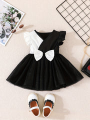 Baby Girls Block Bow Ruffle Sleeve Dress for Summer