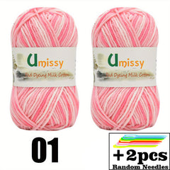 2pcs 50g Melange Yarn & Needles, Fancy Yarn Thread Mix Colors For Hand Knitting