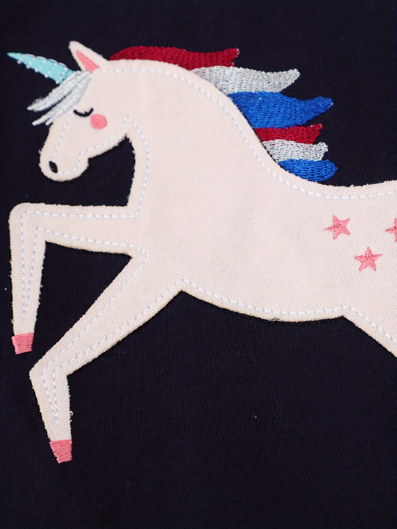 Girls Unicorn Embroidery Crew Neck T shirt Cotton Tops