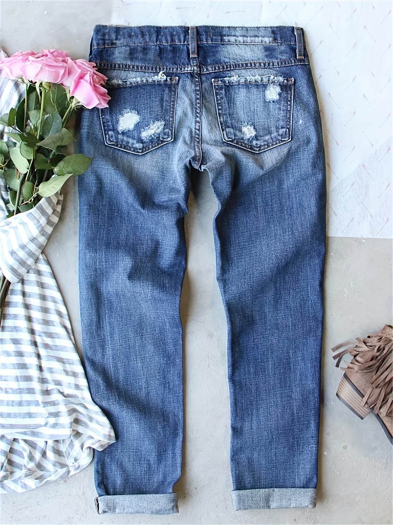 Leopard Print Patchwork Straight Jeans Ripped Holes Non Stretch Denim Pants