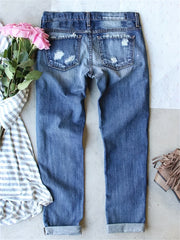 Leopard Print Patchwork Straight Jeans Ripped Holes Non Stretch Denim Pants